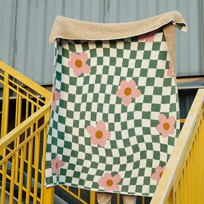 Cozy plush blanket throws 130x160cm with green cream checkered pattern and pink floral motifs for bedroom decorbites knitted blanket