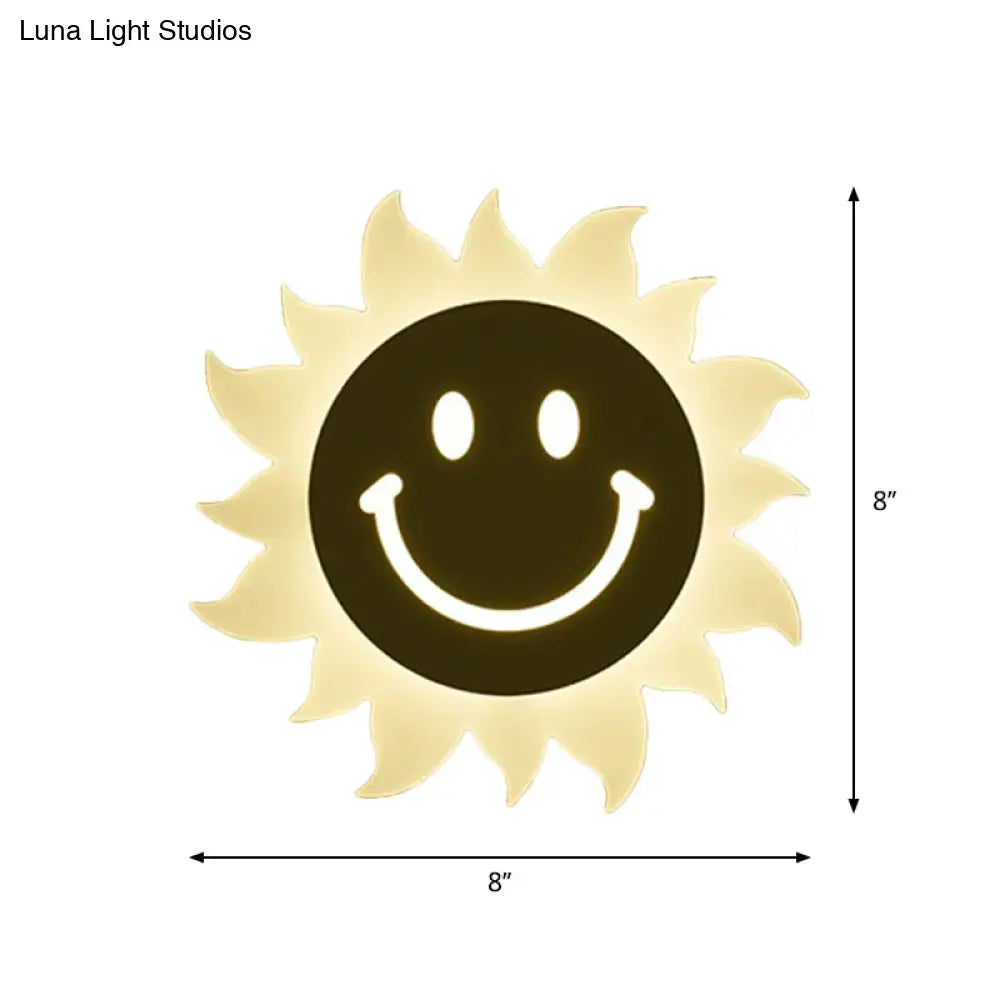 Cheerful white smiling sun led wall sconce bedroom light with illuminated black face and radiating sun rays