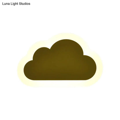 Cheerful white smiling sun led wall sconce bedroom light with a soft olive-green cloud shape and glowing halo effect