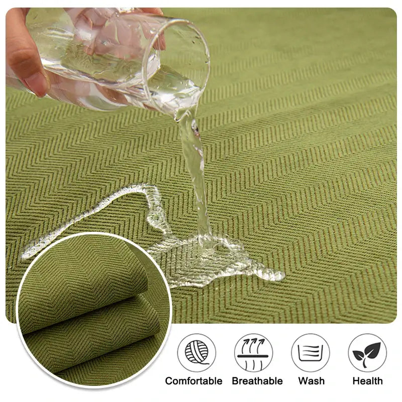 Olive green herringbone chenille textured sofa cover with water-resistant surface for living room sofa cushion