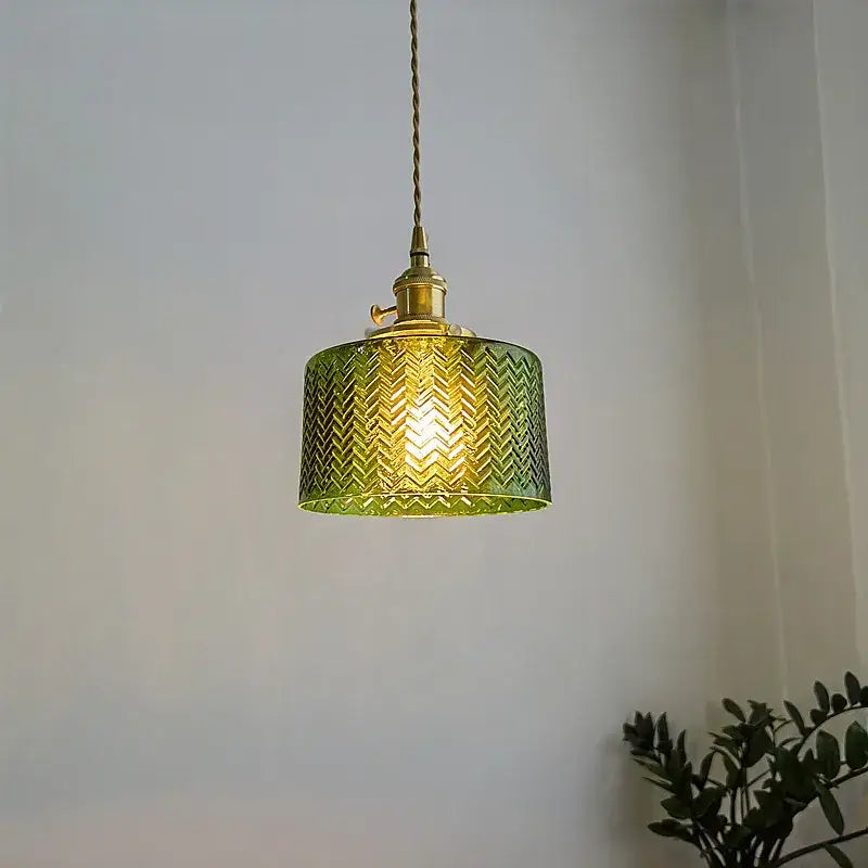 Chevron green glass pendant light with textured shade and brass hardware for kitchen pendant lighting