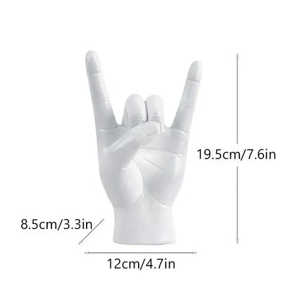 White resin hand gesture sculpture in a rock gesture with realistic joints for chic living room decor