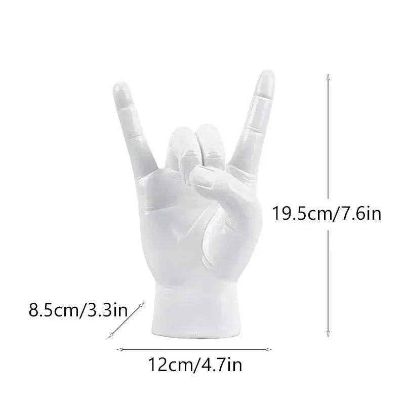 White ceramic hand gesture sculpture making a rock gesture for chic living room decor