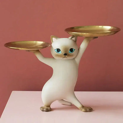 Cream-colored decorbites cat resin tray with blue eyes and gold-toned metal trays for living room decor accessory