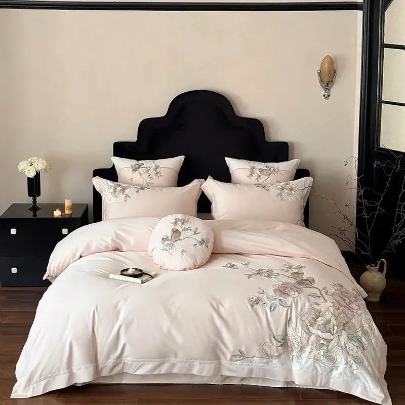 Chinese flowers bird embroidery bedding set with blush pink satin bedspread featuring floral embroidery in muted tones