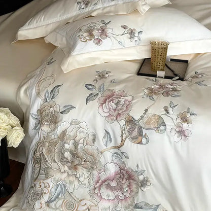 Cream-colored satin duvet cover with intricate chinese flowers bird embroidery in soft pink beige and gray tones bedding set
