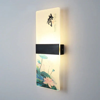 Rectangular wall lamp with cream acrylic shade featuring lotus flowers and calligraphy decorbites acrylic shade