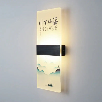 Rectangular wall lamp with decorbites acrylic shade featuring translucent chinese ink landscape and calligraphy design