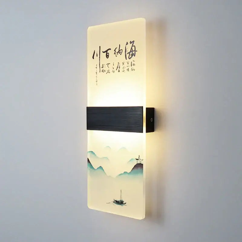 Rectangular wall lamp with decorbites acrylic shade featuring translucent chinese ink landscape and calligraphy design