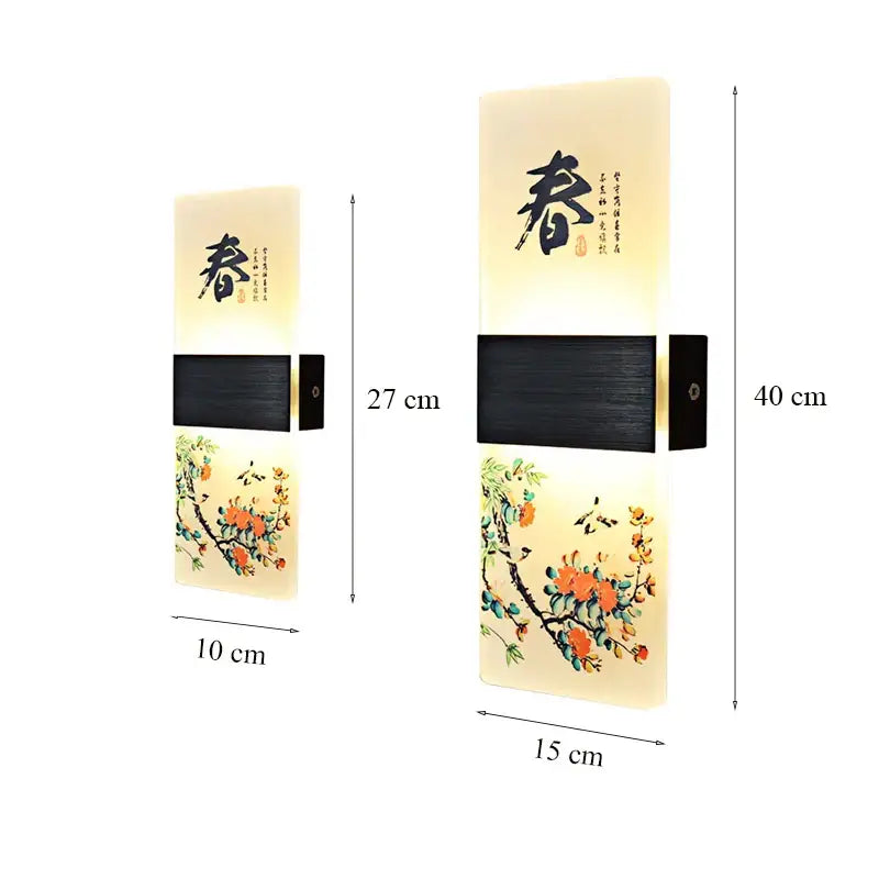 Beige rectangular wall lamp with black wood accent featuring chinese calligraphy acrylic shade decorbites acrylic shade