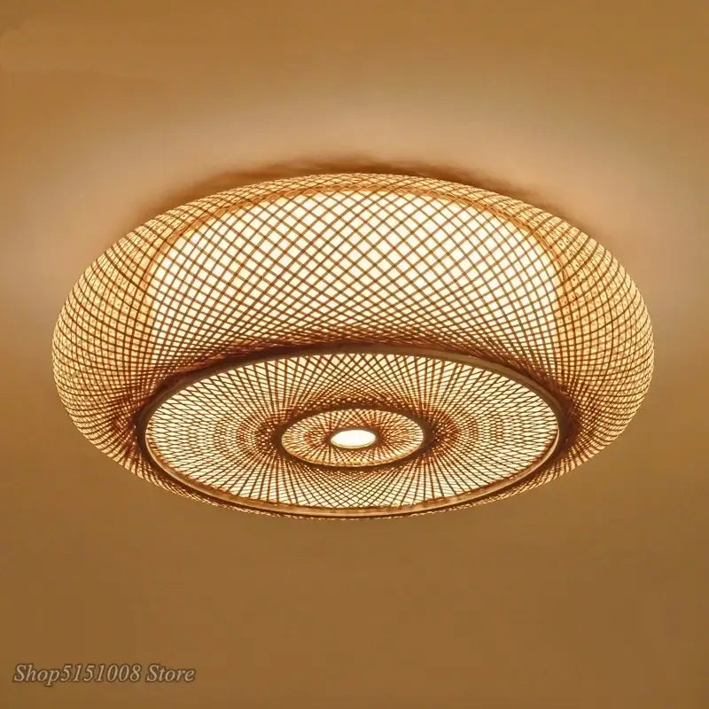 Warm-toned Chinese style bamboo wicker rattan round ceiling light with woven lattice design for living room
