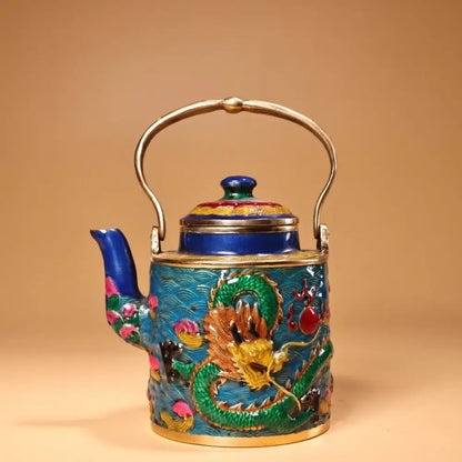 A vibrant blue enamel pan teapot with gold dragon and pink lotus design silver handle for decorbites dragon cloisonné