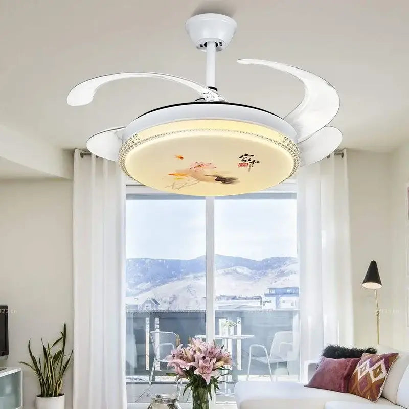 White dimmable ceiling fan light with integrated lighting and decorative bird design for bedroom use