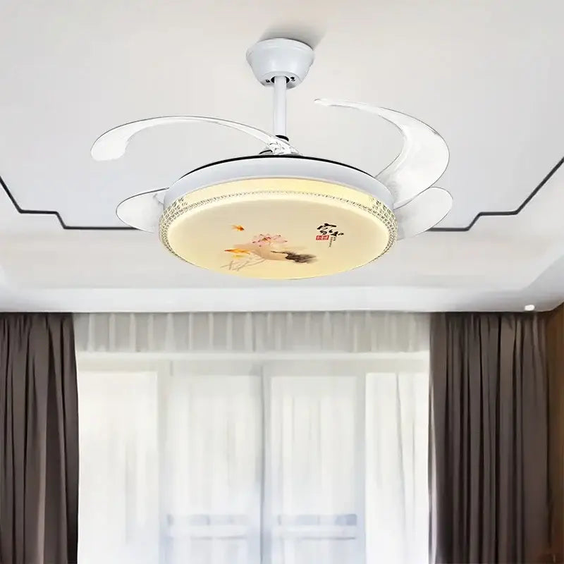 White dimmable chinese style ceiling fan light with integrated light and decorative artwork for bedroom use