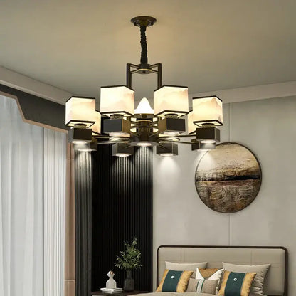 Modern bronze-finished chinese zen marble chandelier for living room with frosted glass and geometric metal frame decorbites chinese zen
