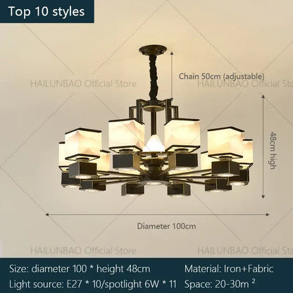 Black iron chinese zen marble chandelier with frosted fabric shades for living room decorbites chinese zen marble