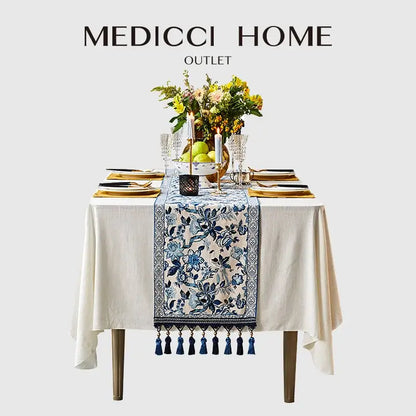 Chinoiserie blue and white porcelain table runner with floral design and tassels from medici home outlet decorbites blue white