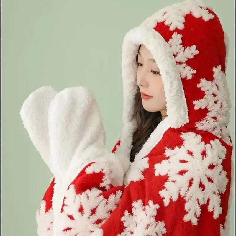 Christmas red and white snowflake wearable blanket with hood lined in soft white fleece coral velvet by decorbites