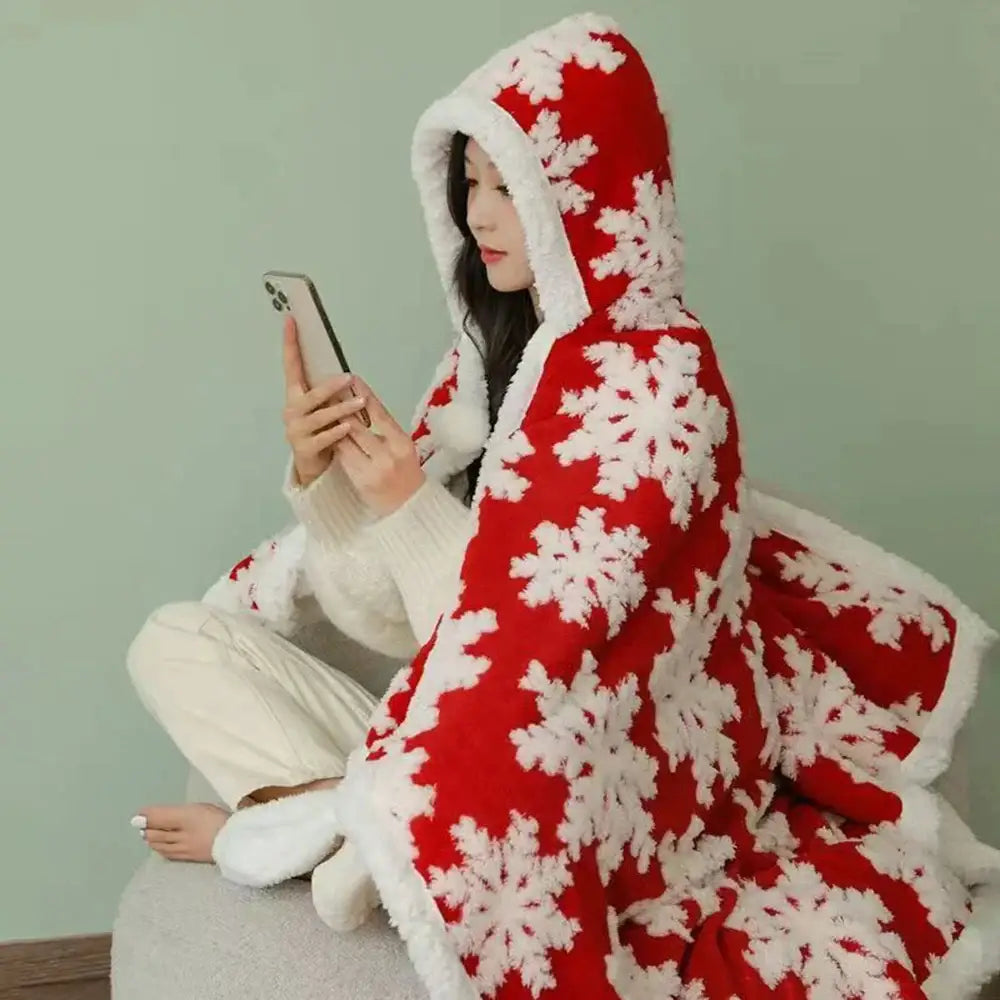Christmas red and white snowflake wearable blanket with plush hood made of coral velvet by decorbites hooded christmas