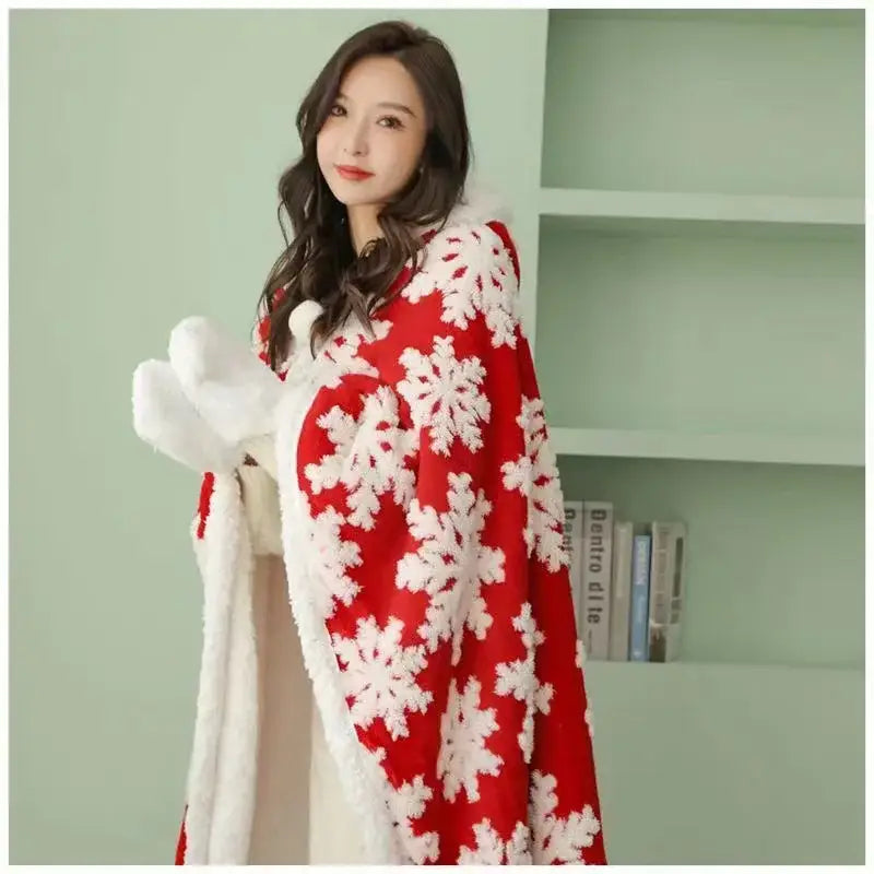 Christmas red and white snowflake wearable blanket with coral velvet and plush faux-fur trim by decorbites hooded christmas