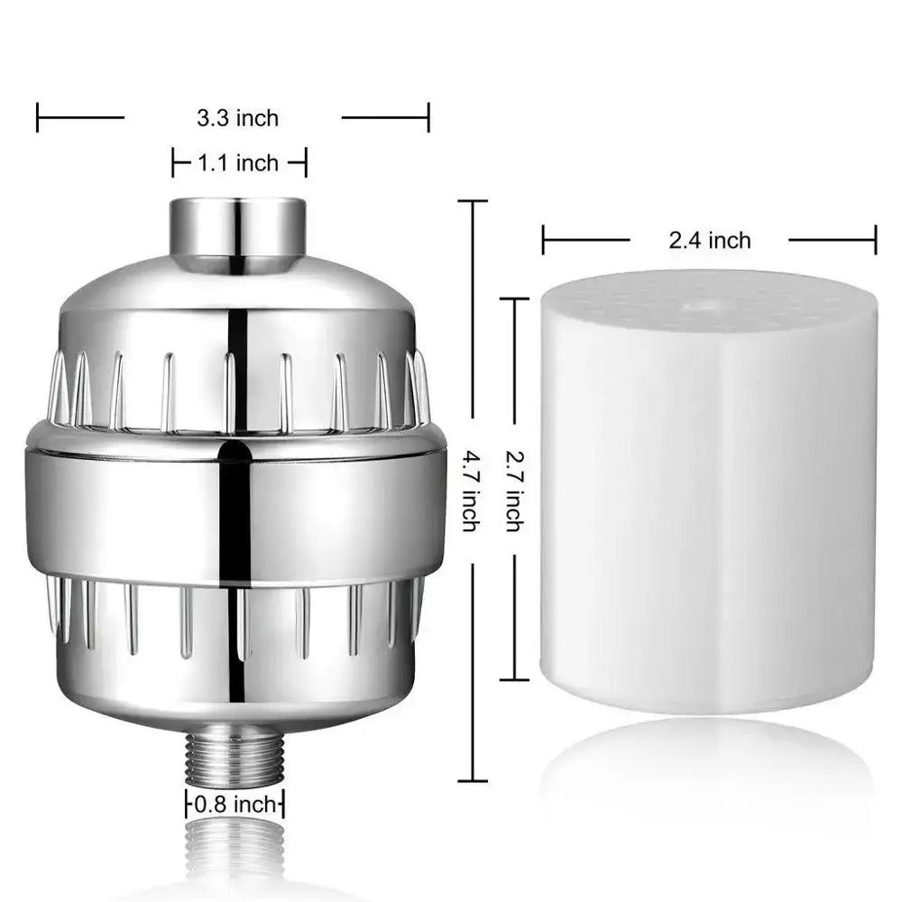 Shiny chrome finished cylindrical showerhead with multiple spray nozzles and 15 stage shower water filter for chlorine removal