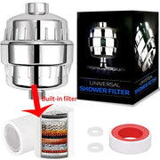 Shiny chrome-finished 15 stage shower water filter with multi-layered filtration system for chlorine removal