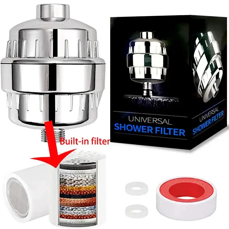 Shiny chrome-finished 15 stage shower water filter with multi-layered filtration system for chlorine removal