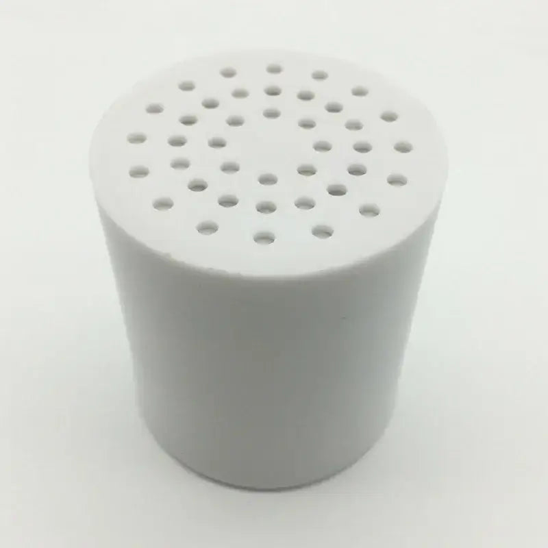 White cylindrical chrome 15 stage shower water filter with perforated top for chlorine removal in bathroom use