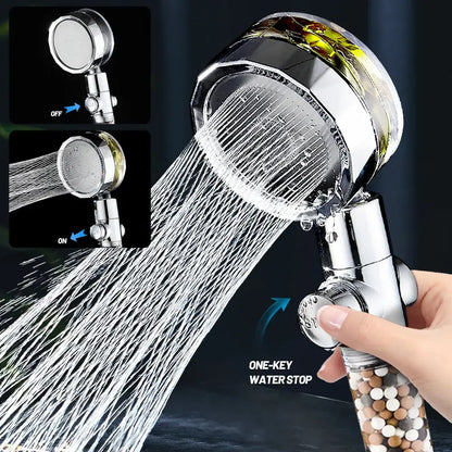 Chrome finished handheld rotating filter shower head with green and gold decorative accent ring for enhanced shower experience