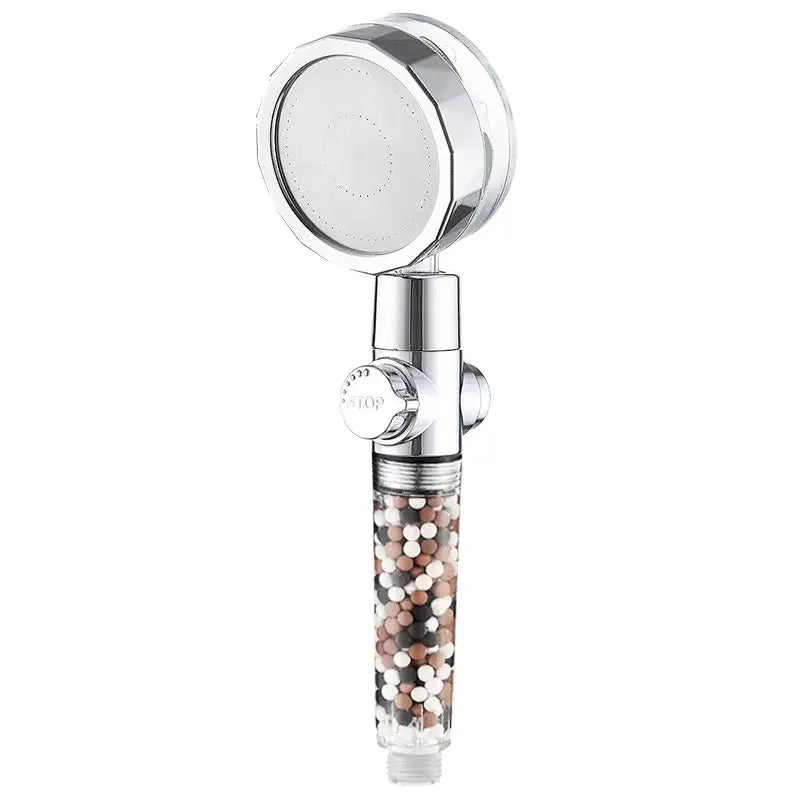 Chrome 360 rotating filter shower head with chrome finish and transparent housing containing multicolored beads for enhanced shower experience