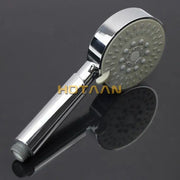Chrome 5-function hand shower with chrome finish circular head multiple spray nozzles and gray rubberized grip