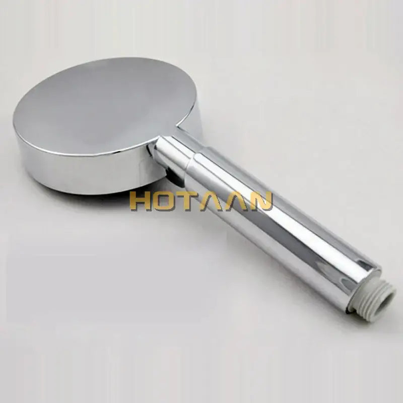 Chrome 5-function hand shower with gray grip featuring a chrome finish, cylindrical handle, and circular spray head