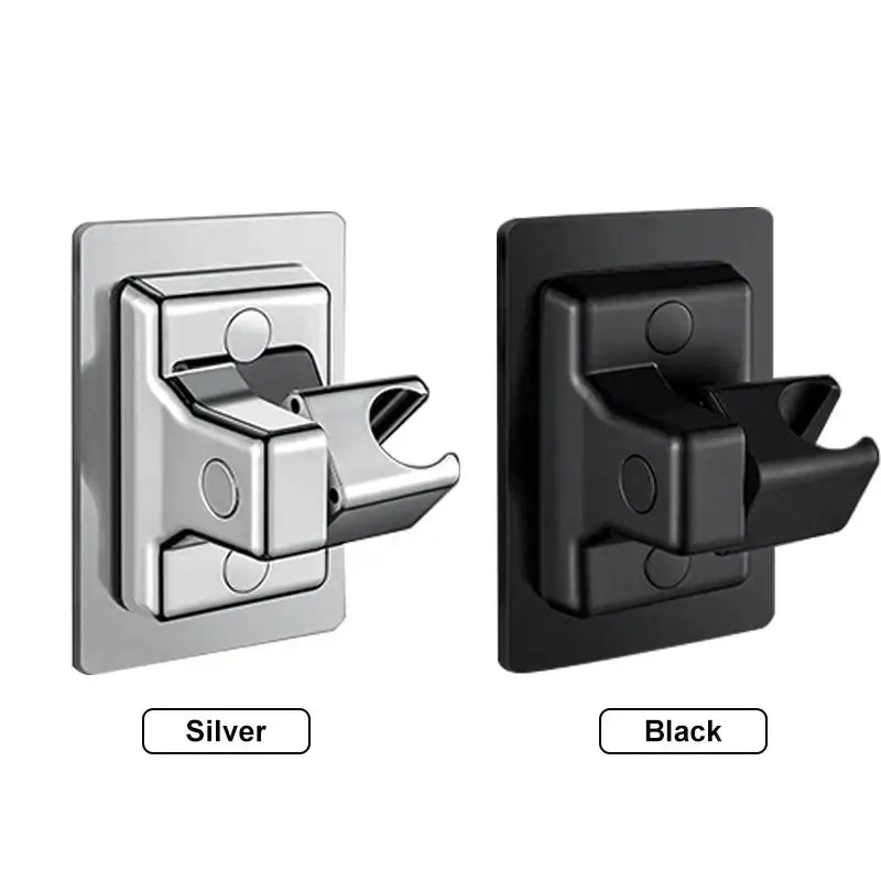 Silver and black chrome adjustable shower head holder with hose featuring sleek wall-mounted shower head hook holders