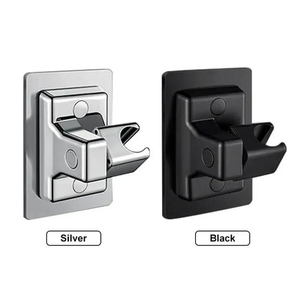 Silver and black chrome adjustable shower head holder with hose featuring sleek wall-mounted shower head hook holders