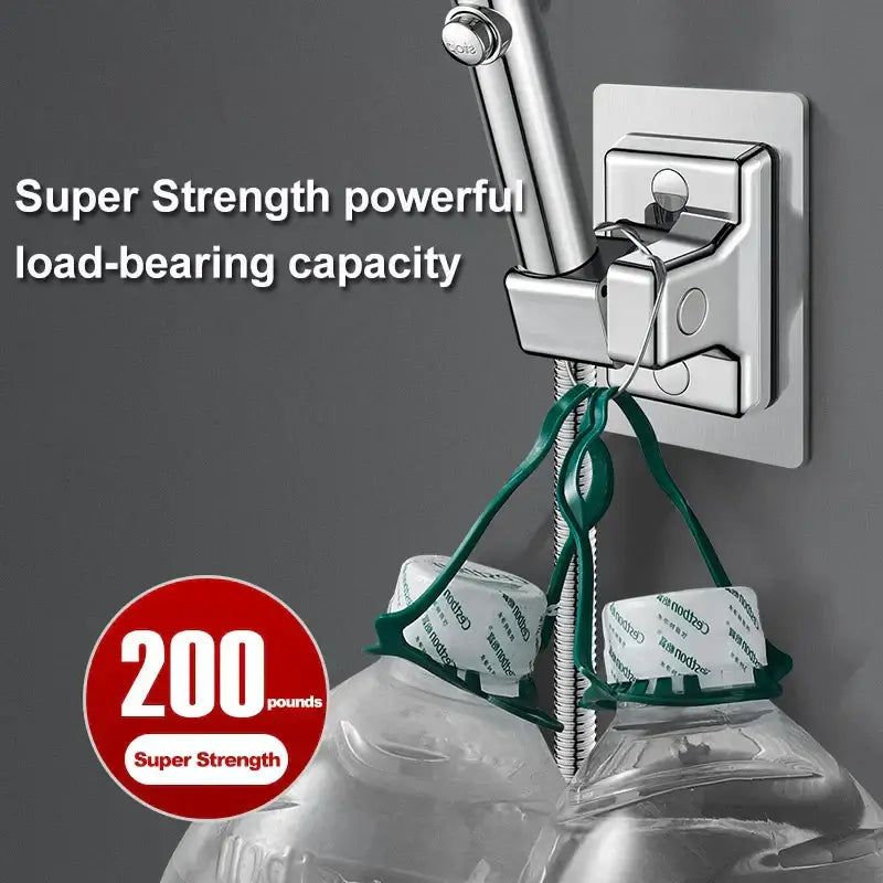 Silver metallic wall-mounted chrome adjustable shower head holder with sturdy angular design holding two green bottle holders