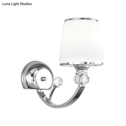 Chrome and white glass wall light fixture with frosted shade and crystal accents elegant wall lamp for bedroom use