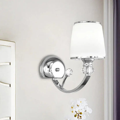 Chrome and white glass wall lamp with frosted shade and crystal accents as a head wall light fixture for bedroom
