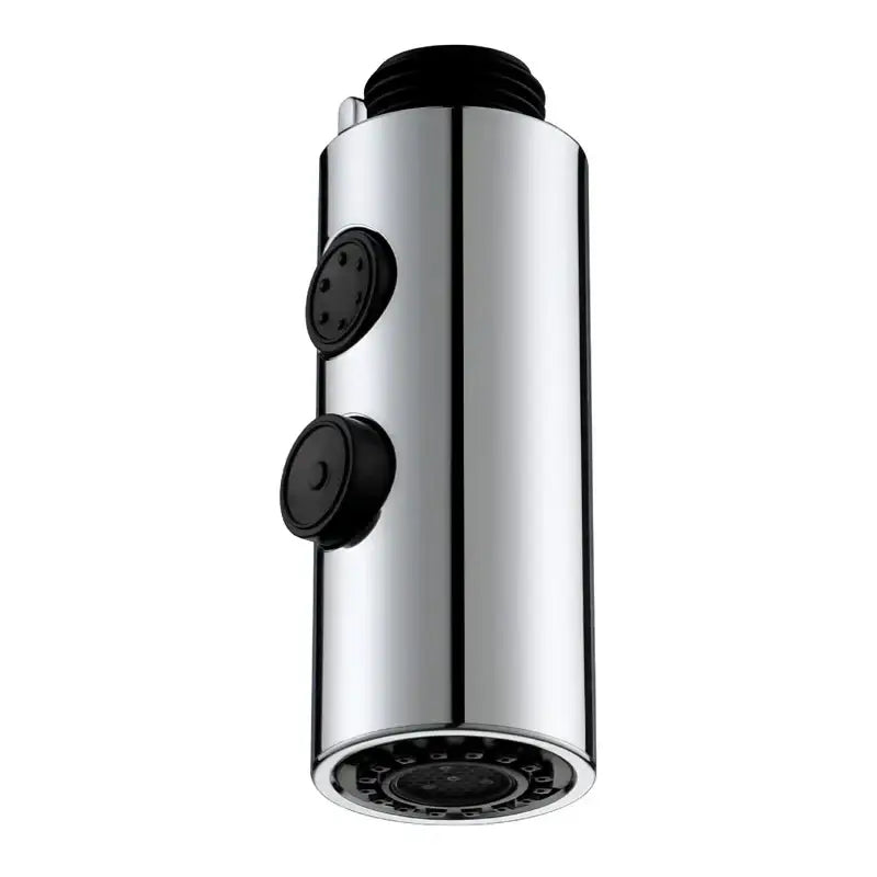 Chrome and black kitchen faucet small shower head replacement with multi-setting nozzle and plastic control knobs