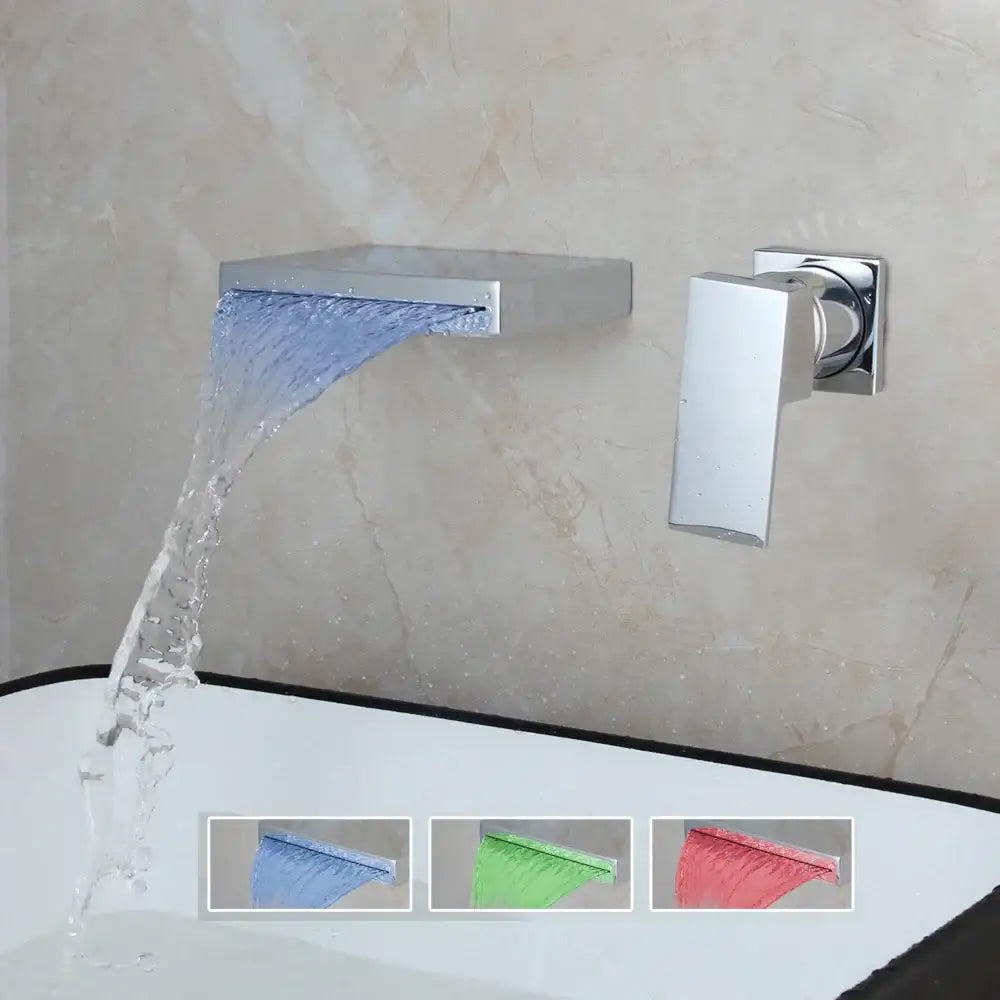 Chrome and black led waterfall bathtub faucet wall mount with chrome finish and blue illuminated water flow decorbites led waterfall
