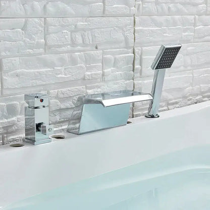 Chrome brass bathroom faucet waterfall bathtub tap with integrated showerhead and rectangular spout by decorbites brass bathroom