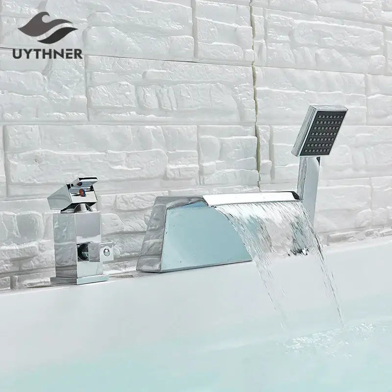 Chrome brass bathroom faucet waterfall bathtub tap with showerhead featuring a rectangular spout by decorbites brass bathroom
