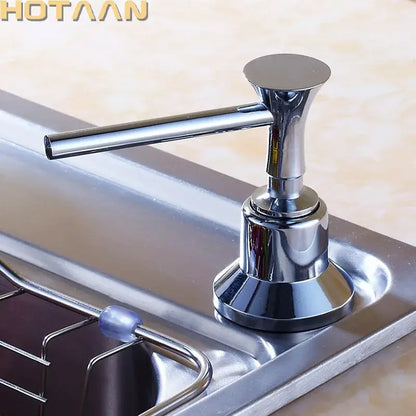 Chrome brass head stainless steel soap dispenser with sleek modern design and flat-top pump for kitchen sink use