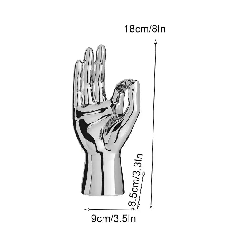 Shiny silver chrome ceramic love gesture figurine sculpture shaped like a hand for living room decor