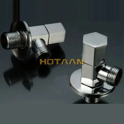 Shiny chrome copper triangle valve set with angular hexagonal tops and threaded connections for bathroom control