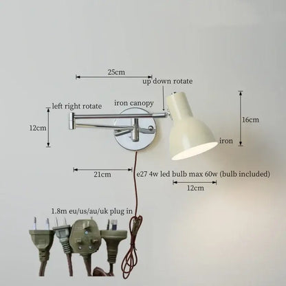 Adjustable wall lamp with cream iron canopy and arm featuring e27 led bulb for bedroom decorbites cream led swing