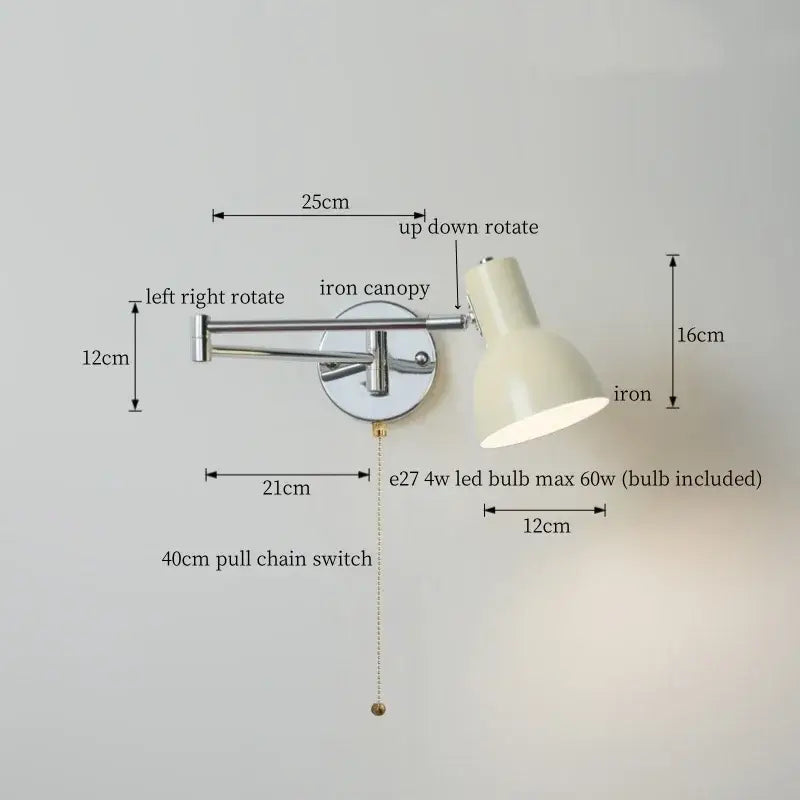 Adjustable chrome cream led swing arm wall lamp with iron frame and pull chain for bedroom decorbites cream led lighting