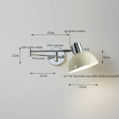 Adjustable chrome wall lamp with cream led swing arm and dome-shaped shade for bedroom decorbites cream led design