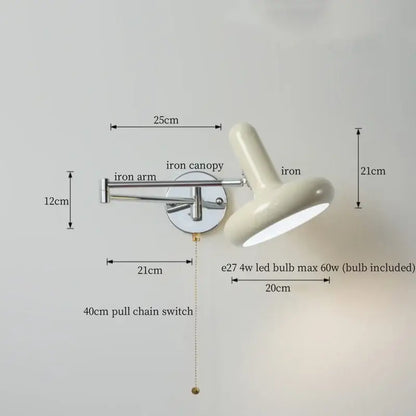 Cream led swing arm wall lamp with chrome iron arm and canopy featuring adjustable led spotlight and pull chain