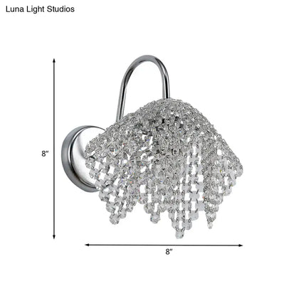 Silver crystal drip wall sconce light wall mount with curved metal arm and circular base for bedroom lighting