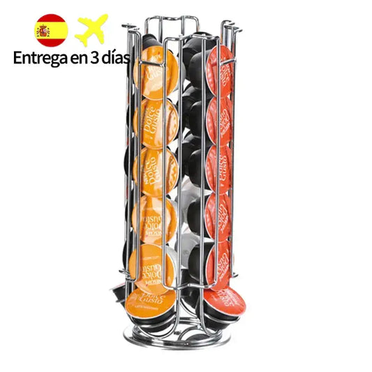 Chrome cylindrical coffee pod holder with sleek chrome finish organizing orange and red dolce gusto coffee pods